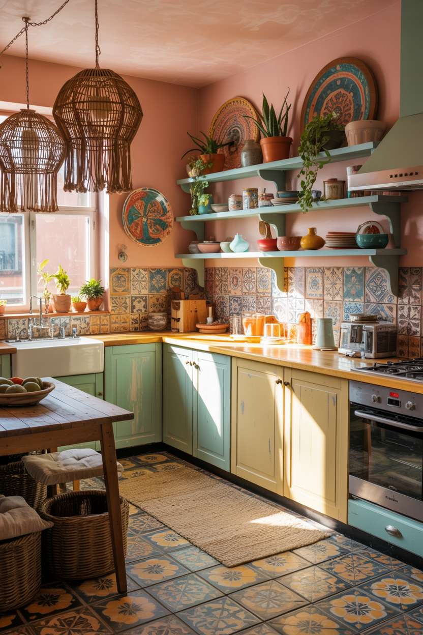 Vibrant boho kitchen with colorful patterned floor tiles, turquoise cabinets, and mismatched macramé pendants