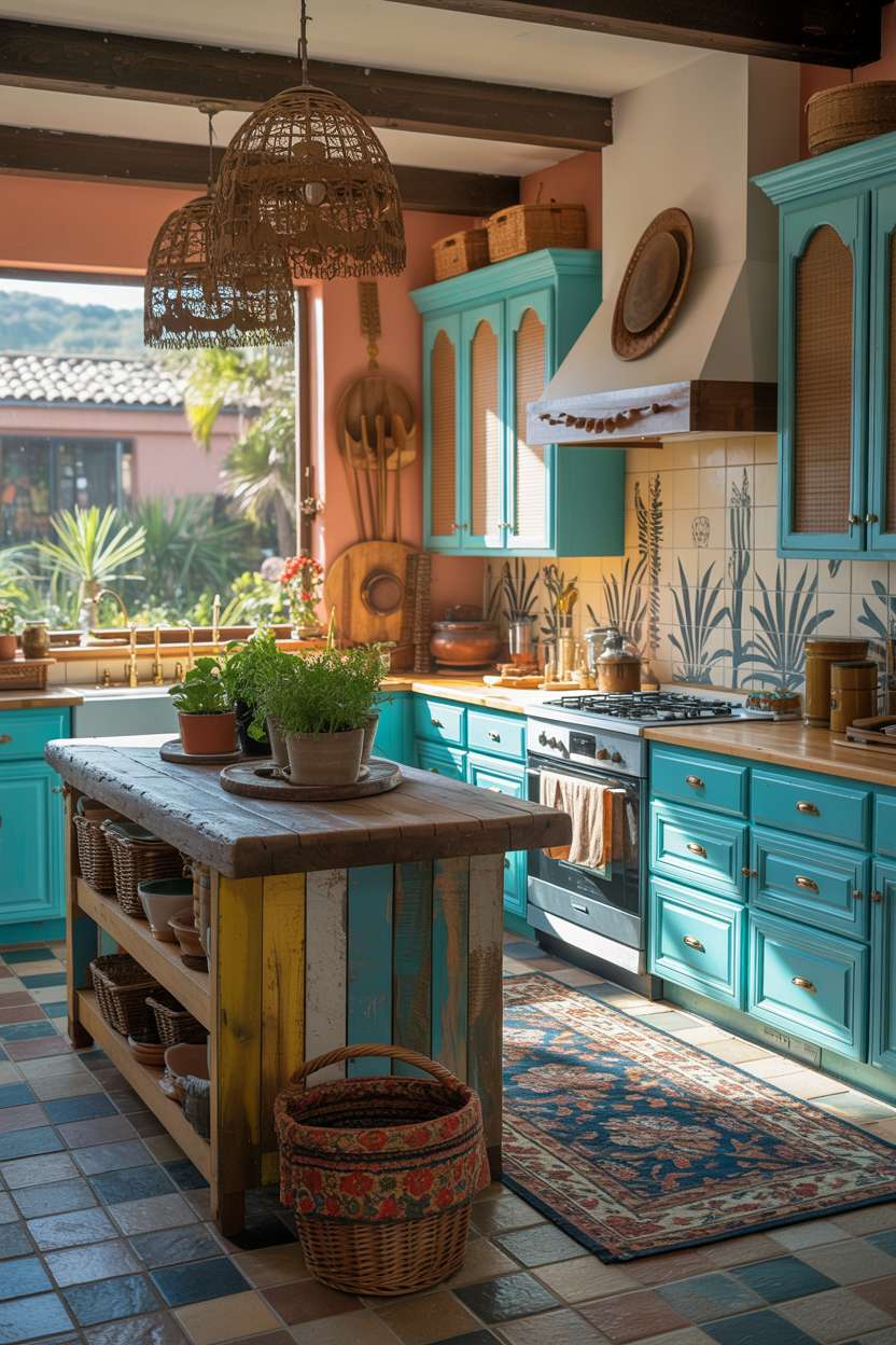 Bohemian kitchen with bright turquoise cabinets, hand-painted ceramic tile backsplash with desert plants, and weathered wooden island