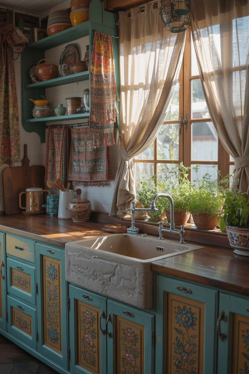 Boho kitchen with handcrafted wooden cabinets in soft blues and greens with floral patterns and weathered stone sink