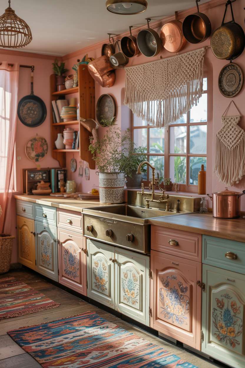 Bohemian kitchen with pastel wooden cabinetry, vintage copper pots, and colorful woven rugs