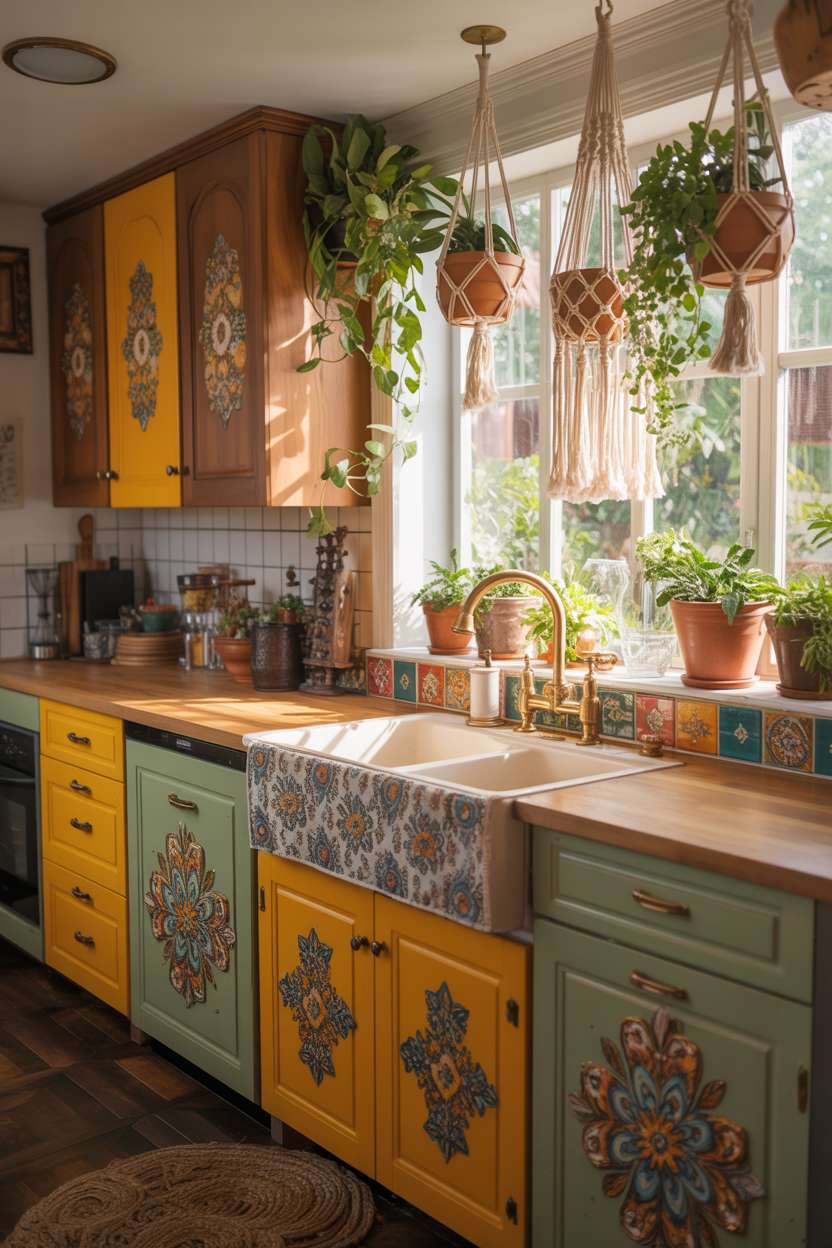 Boho kitchen with floral-painted natural wood cabinetry, ceramic tile backsplash, and macramé plant holders