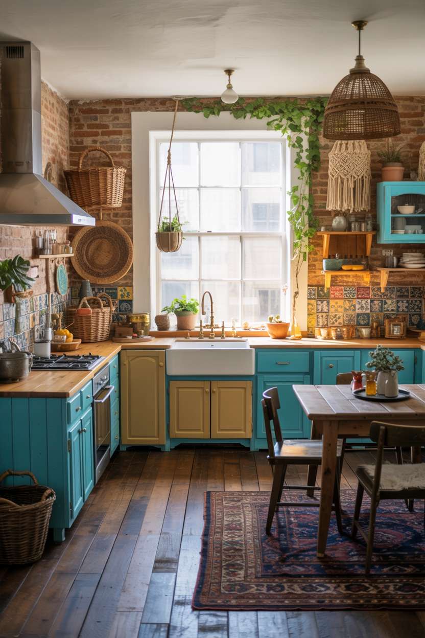 Bohemian kitchen with hand-painted turquoise and mustard yellow cabinetry, exposed brick walls, and Persian rug