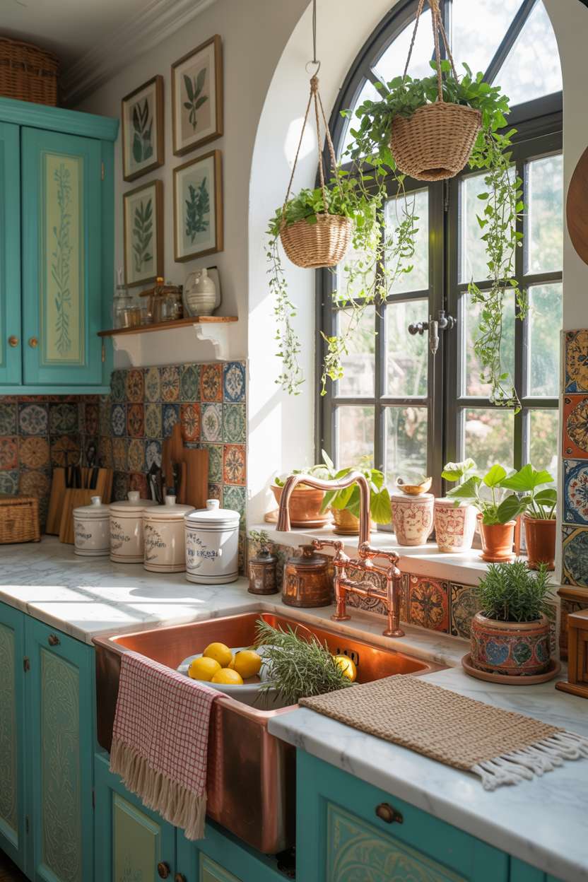 Vibrant boho kitchen with hand-painted turquoise cabinets, copper farmhouse sink, and botanical print gallery wall