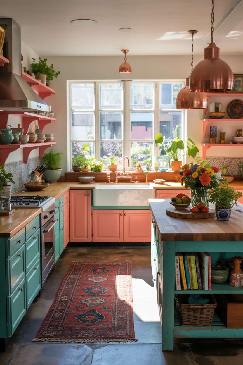 Bohemian kitchen with turquoise and coral handcrafted wooden cabinetry, Persian rug, and copper pendant lights