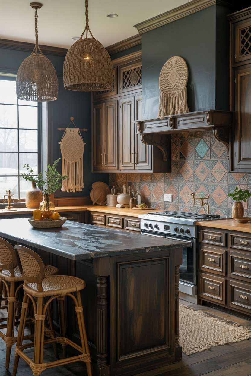 Dark boho kitchen with dark-stained wooden cabinetry, patterned ceramic backsplash in teal and terracotta, and rattan barstools