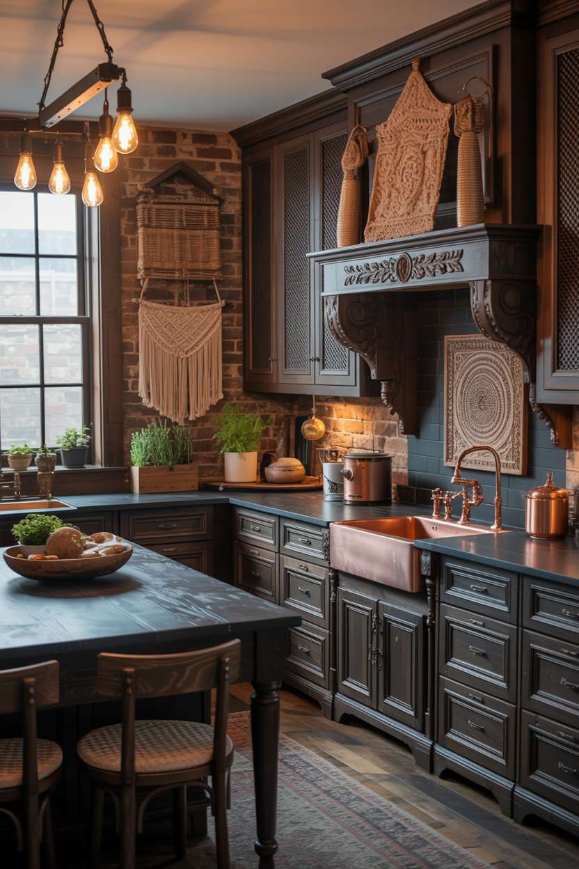 Dark bohemian kitchen with carved dark wood cabinetry, black stone waterfall island, and Edison bulb lighting