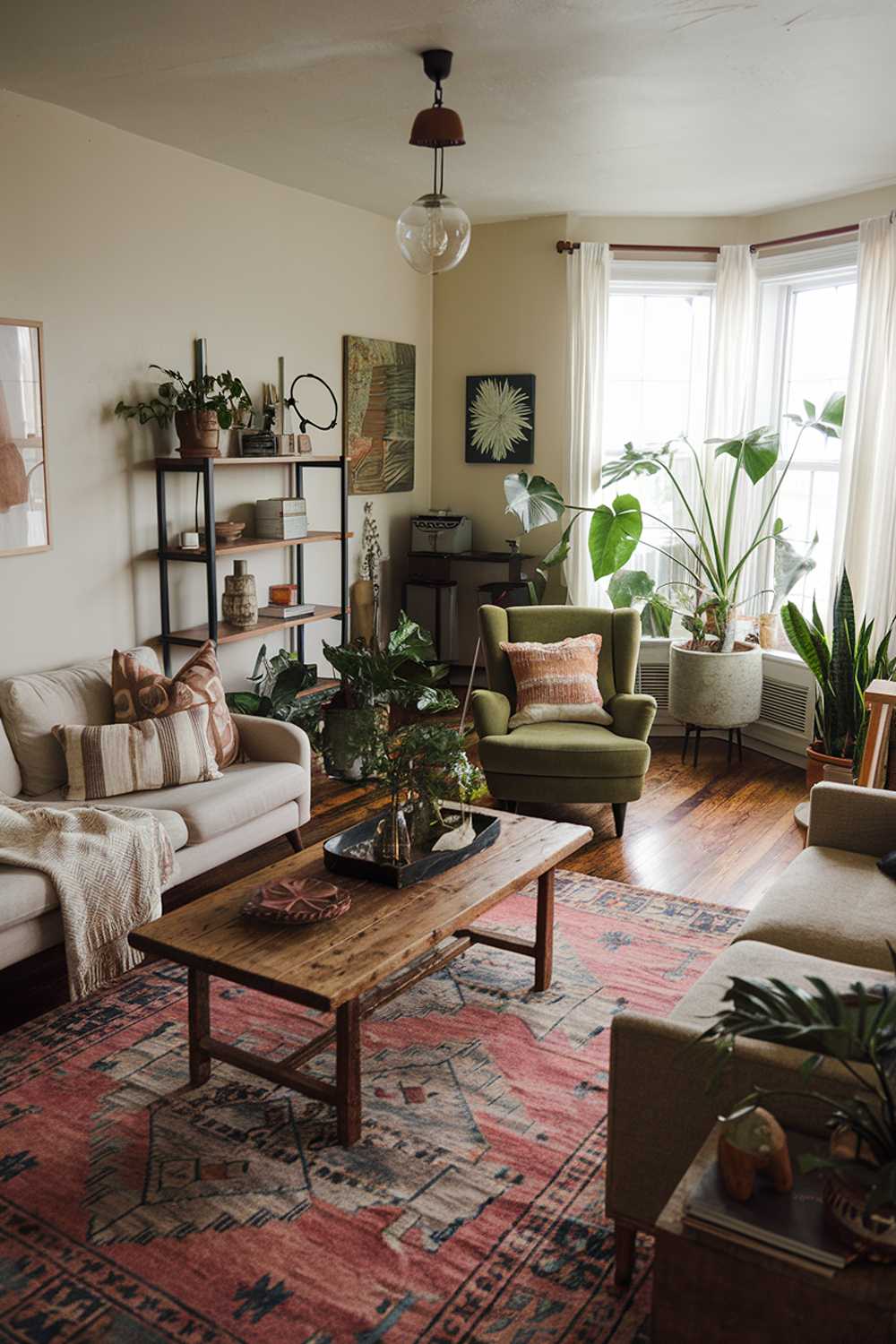 Cozy boho living room featuring rustic wooden coffee table and green armchair with scattered plants