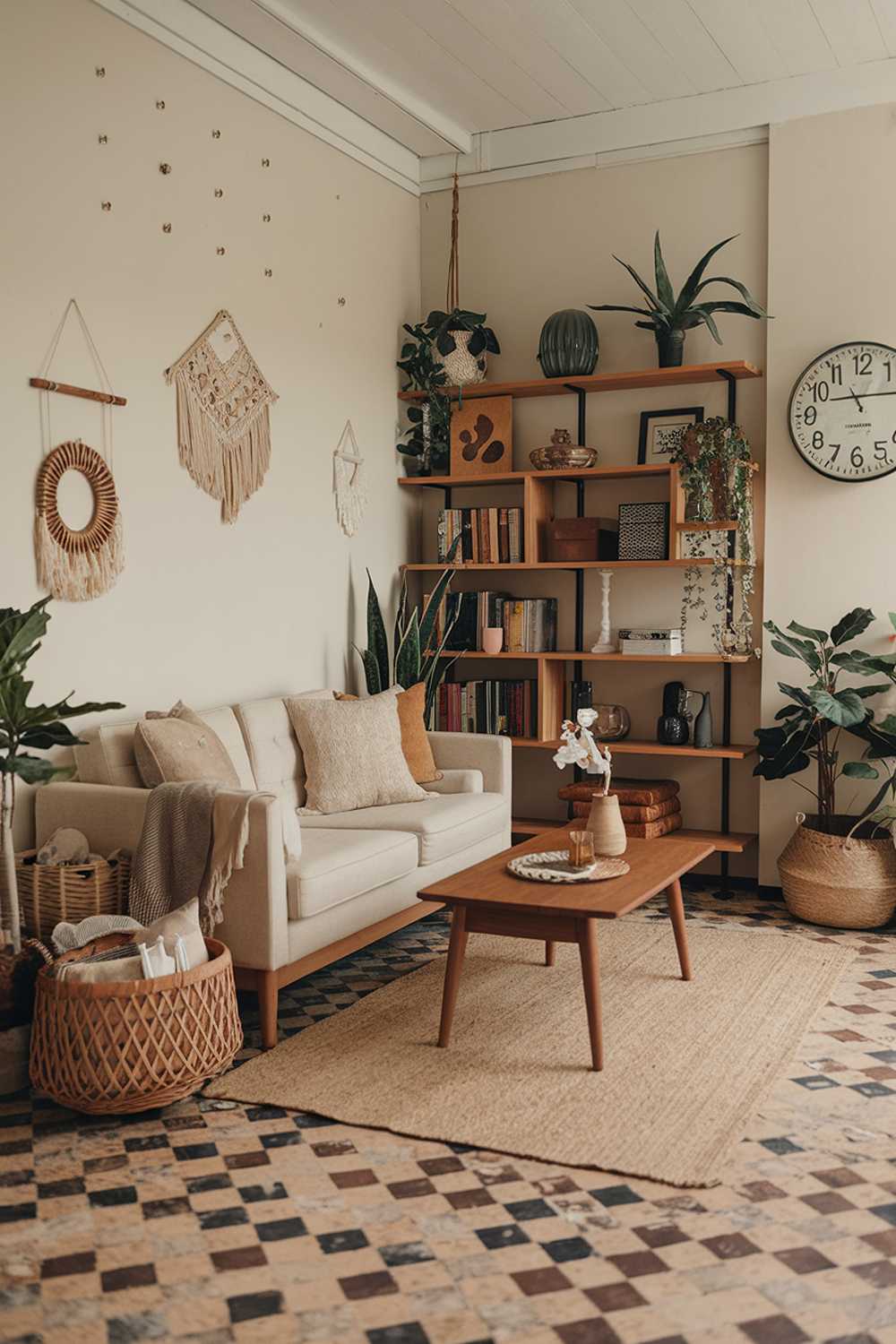 Beige boho living room with wooden bookshelf and wall clock featuring wicker basket accents