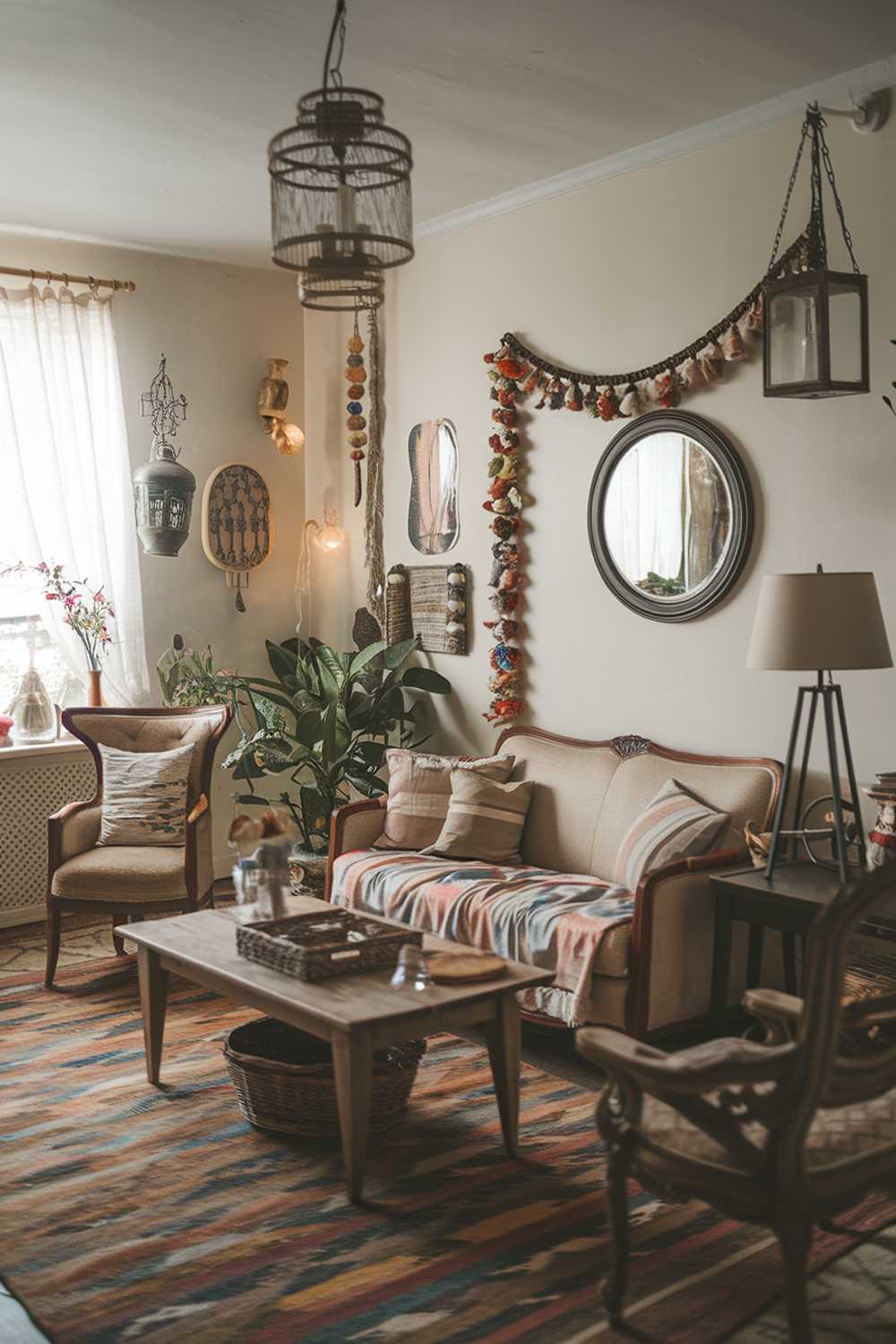 Vintage boho living room with beige sofa, patterned cushions, and hung lanterns creating a warm atmosphere