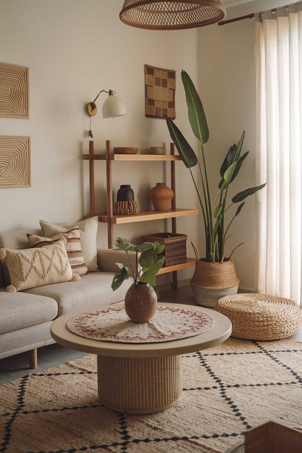 Beige sofa with patterned cushions and round coffee table, featuring wooden shelf and large potted plant