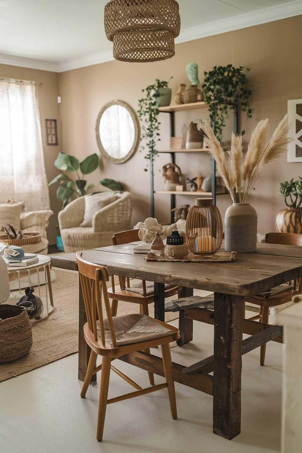 Cozy boho living room featuring rustic wooden table and chairs with decorative lantern and basket accents