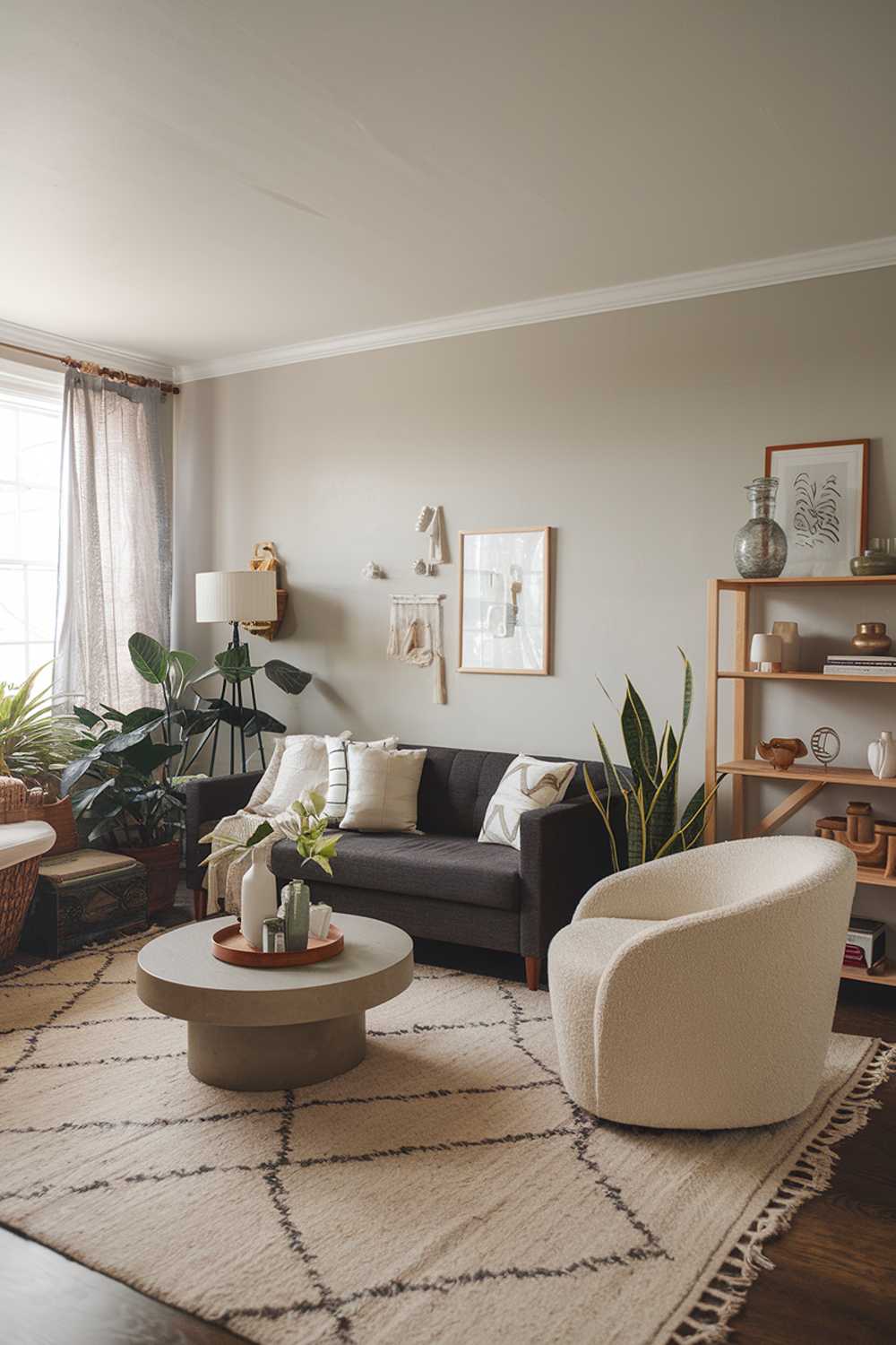 Contemporary boho living room with dark gray sofa and white chair, featuring wooden shelf and plants