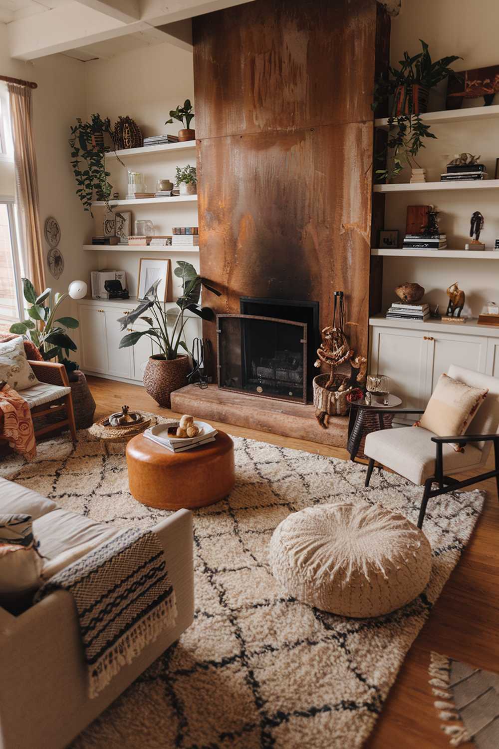 Cozy boho living room with rustic fireplace, plush rug, and book-filled shelves creating a warm atmosphere