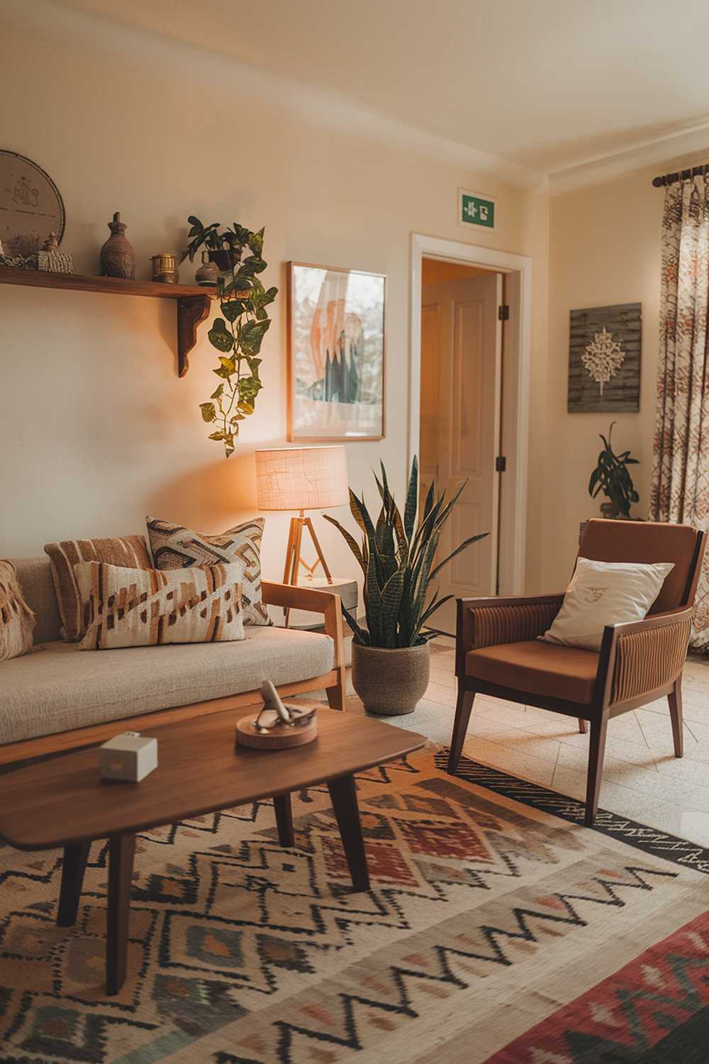 Beige sofa with brown chair arrangement featuring wooden coffee table and warm lighting