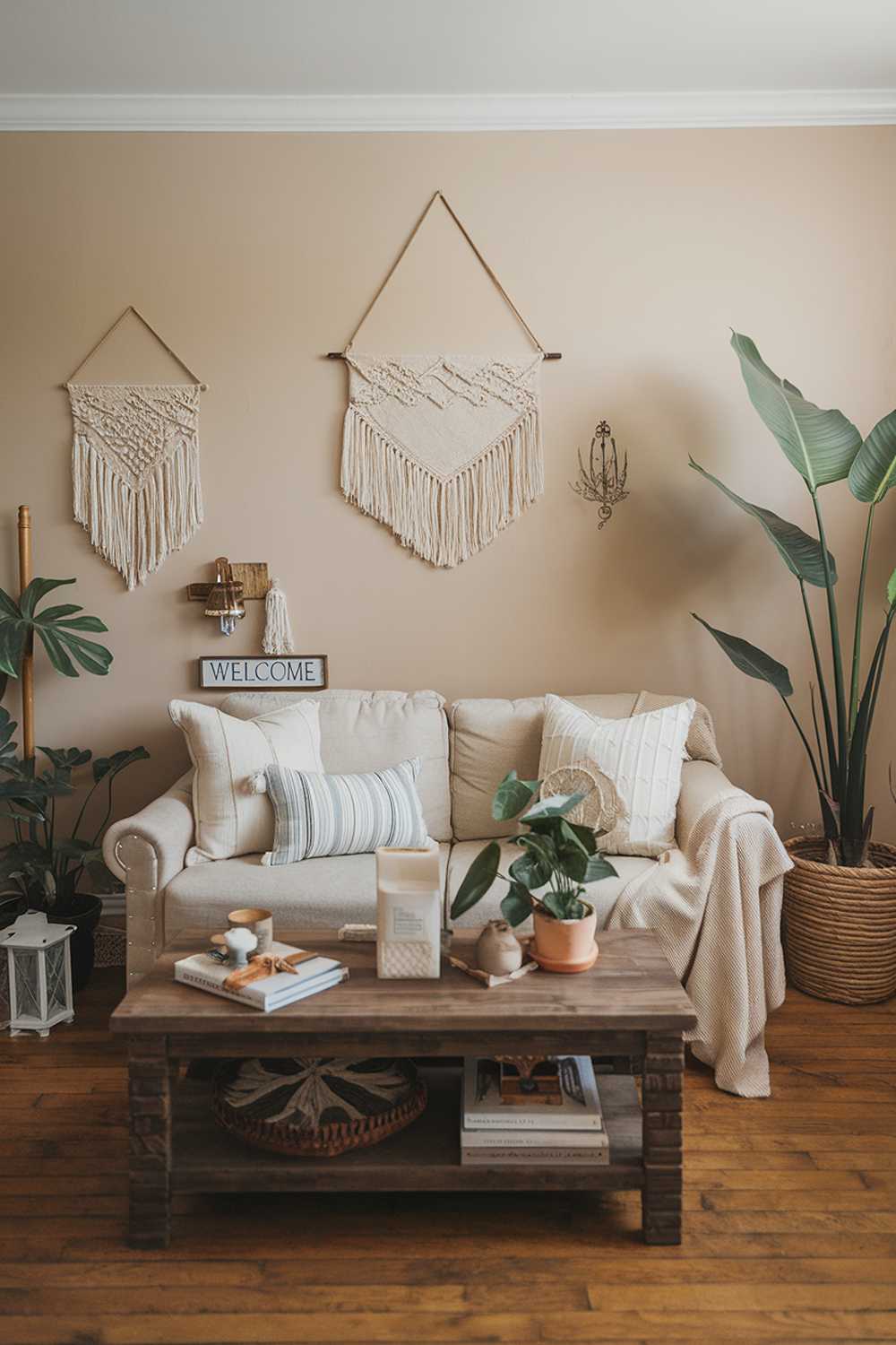 Boho living room with welcome sign, featuring beige sofa and wooden coffee table with plant accents