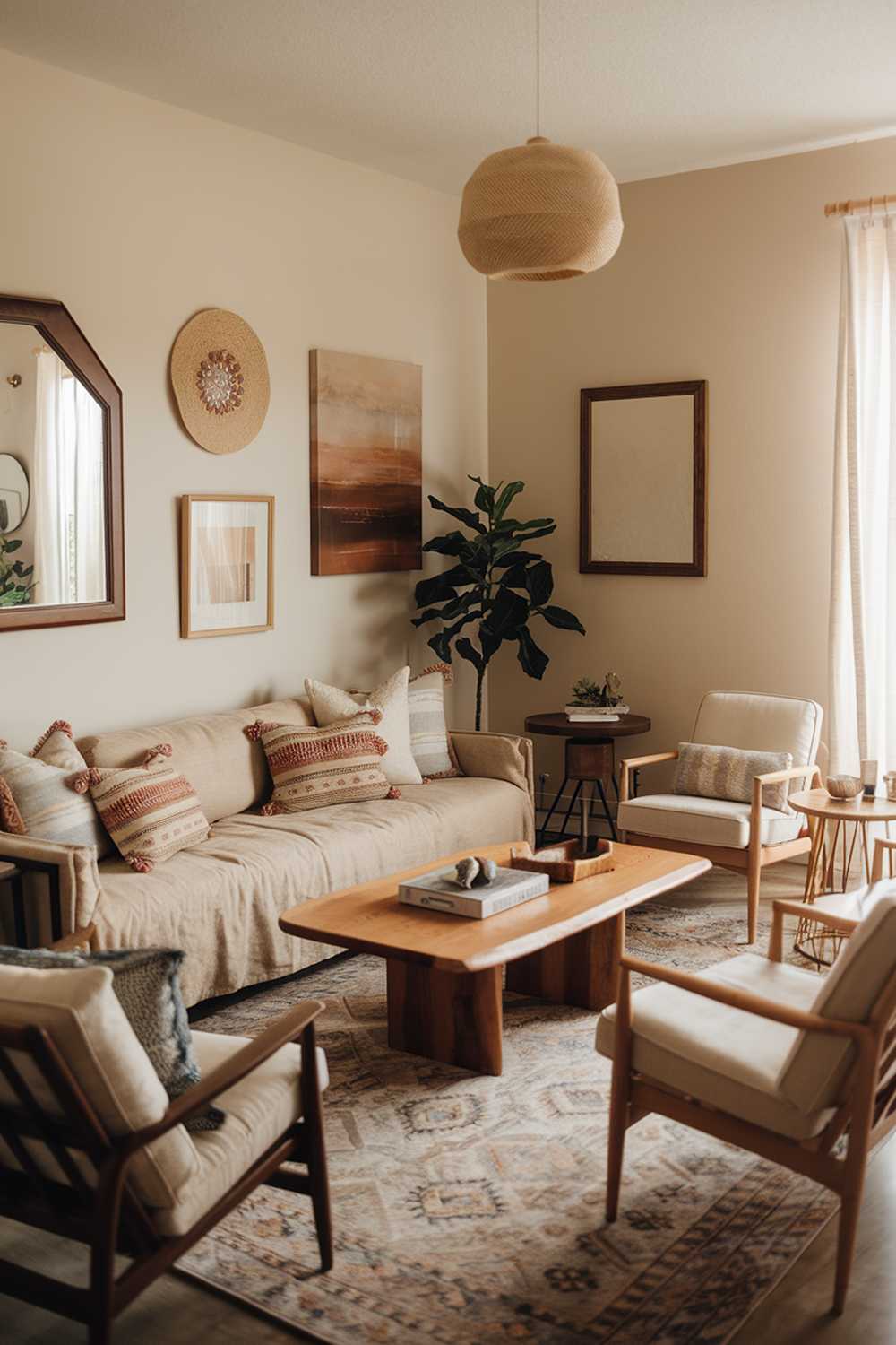 Boho living room featuring large mirror and multiple cushions with warm lighting and patterned rug