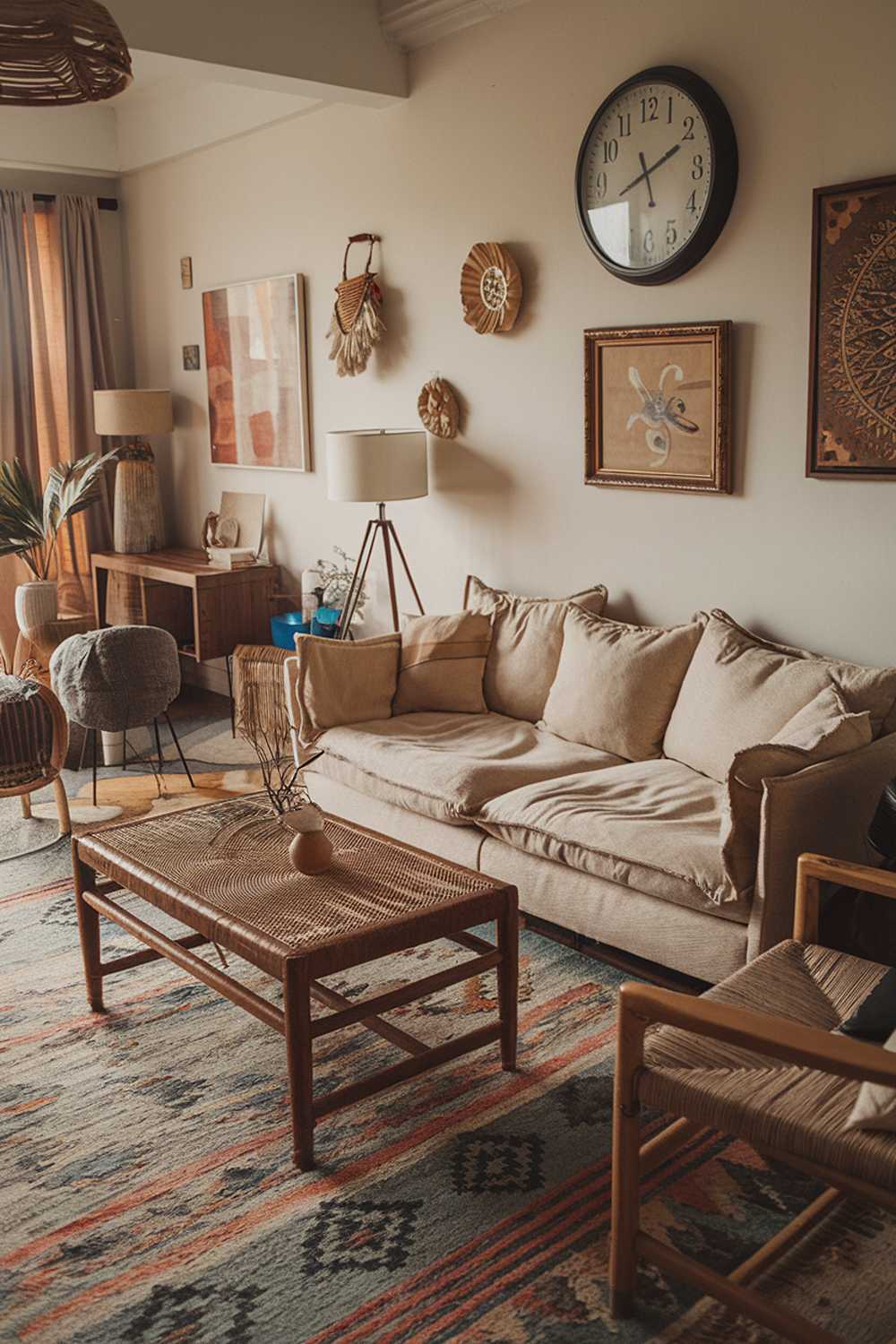 Cozy boho living room with plump cushions and woven coffee table, featuring wall clock and paintings