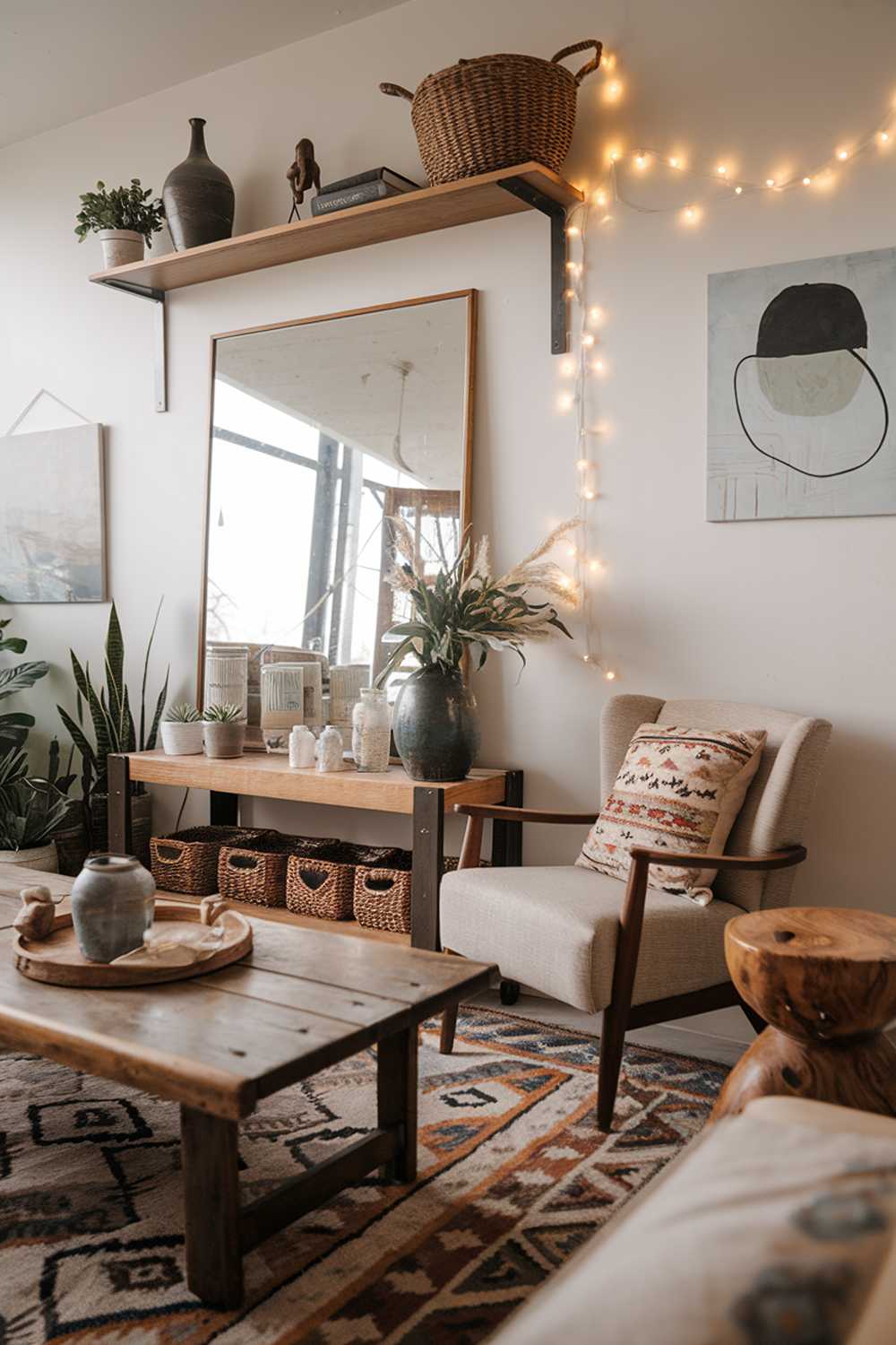 Rustic boho living room with fairy lights, featuring wooden coffee table and beige armchair