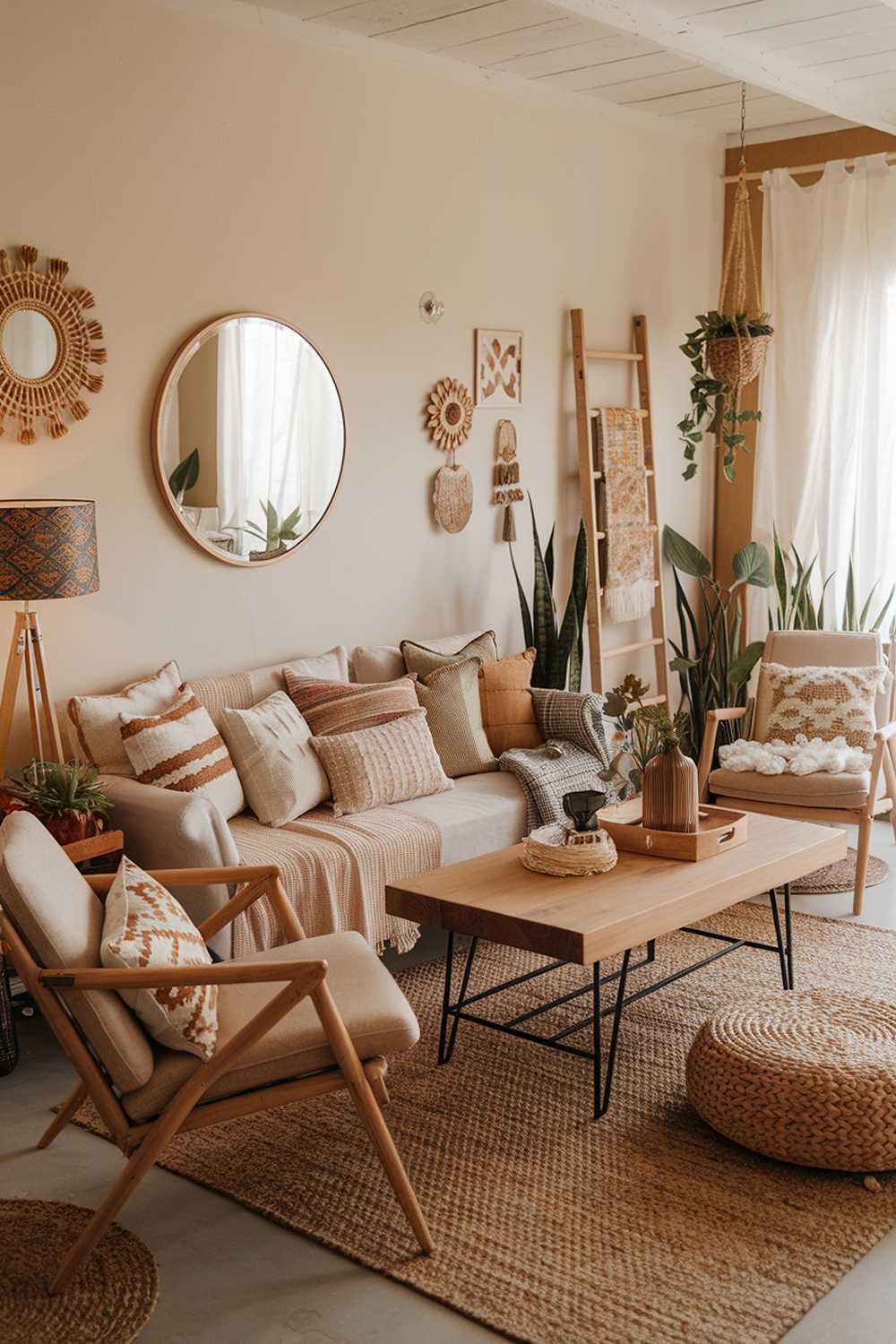 Warm boho living room with various cushion textures and wooden ladder, featuring round mirror