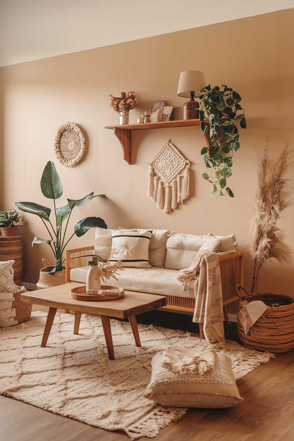 Warm boho living room with beige walls and wooden floor, featuring plush rug and soft lighting