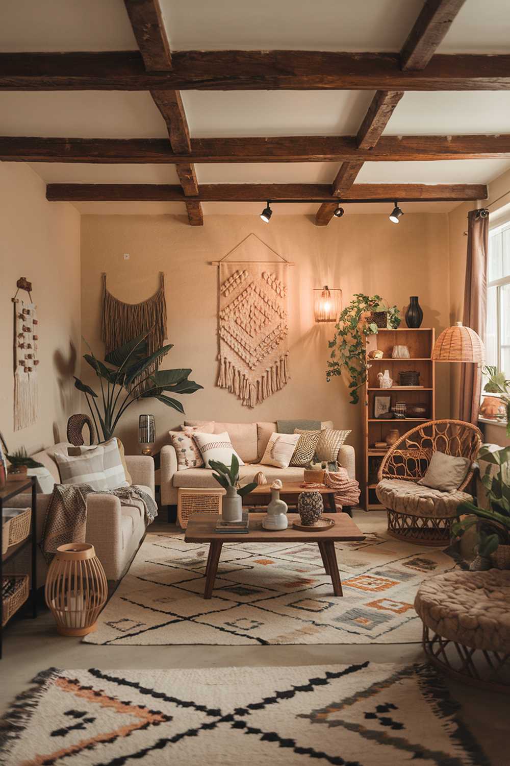 Stylish boho living room with rustic wooden beam ceiling and wicker chair