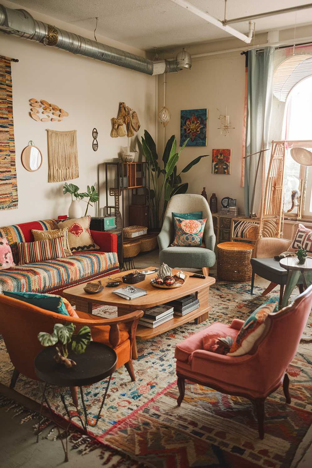 Colorful boho living room with mix of patterns and vintage pieces, featuring artwork and plants