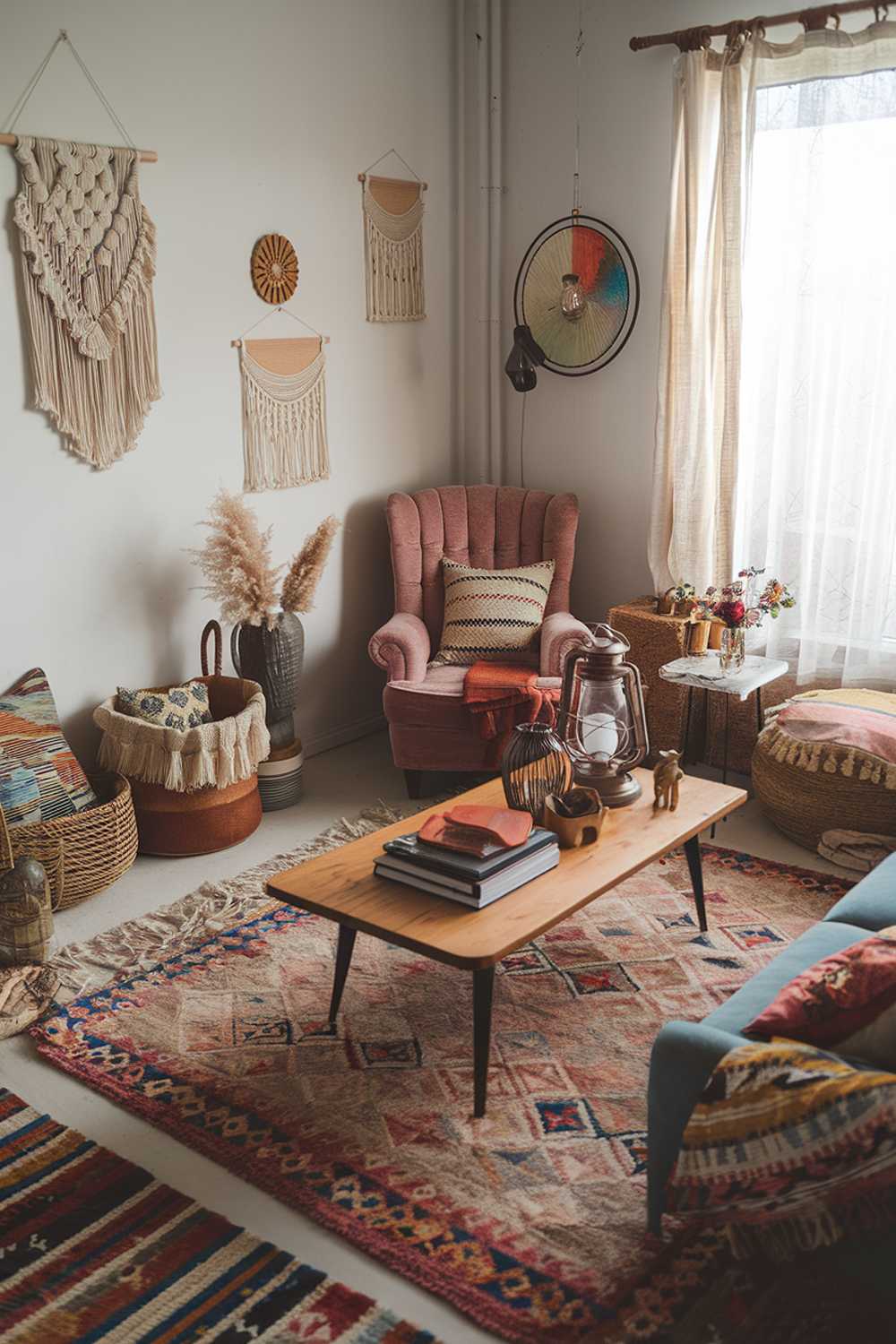 Colorful boho living room with macrame wall hanging and plush armchair, featuring soft lighting