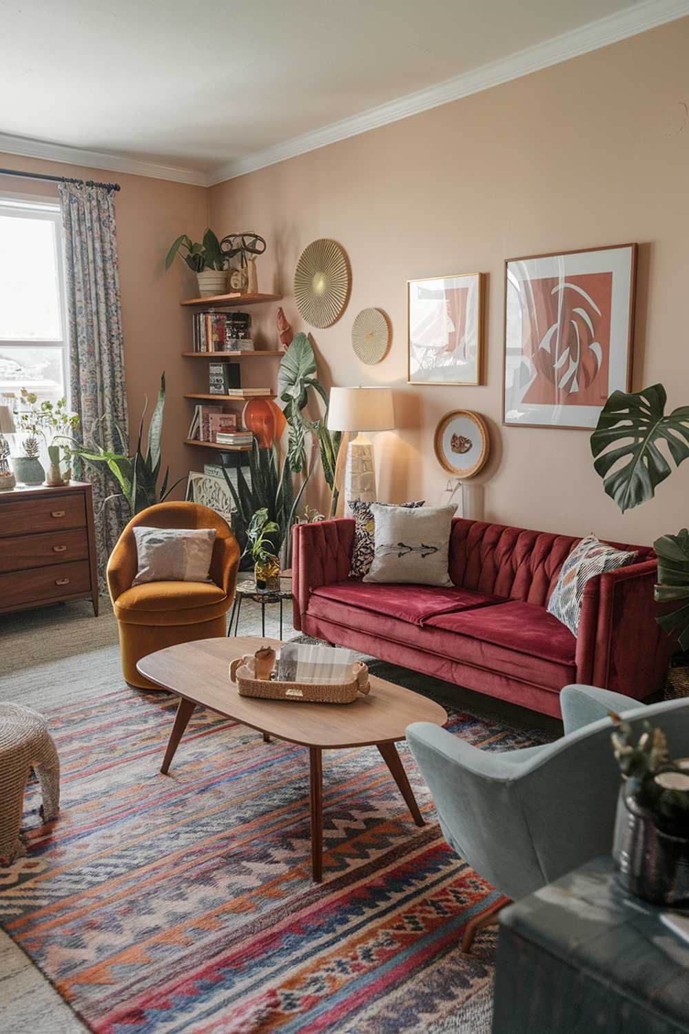 Boho living room with velvet sofa and wooden coffee table, featuring bookshelf and plants