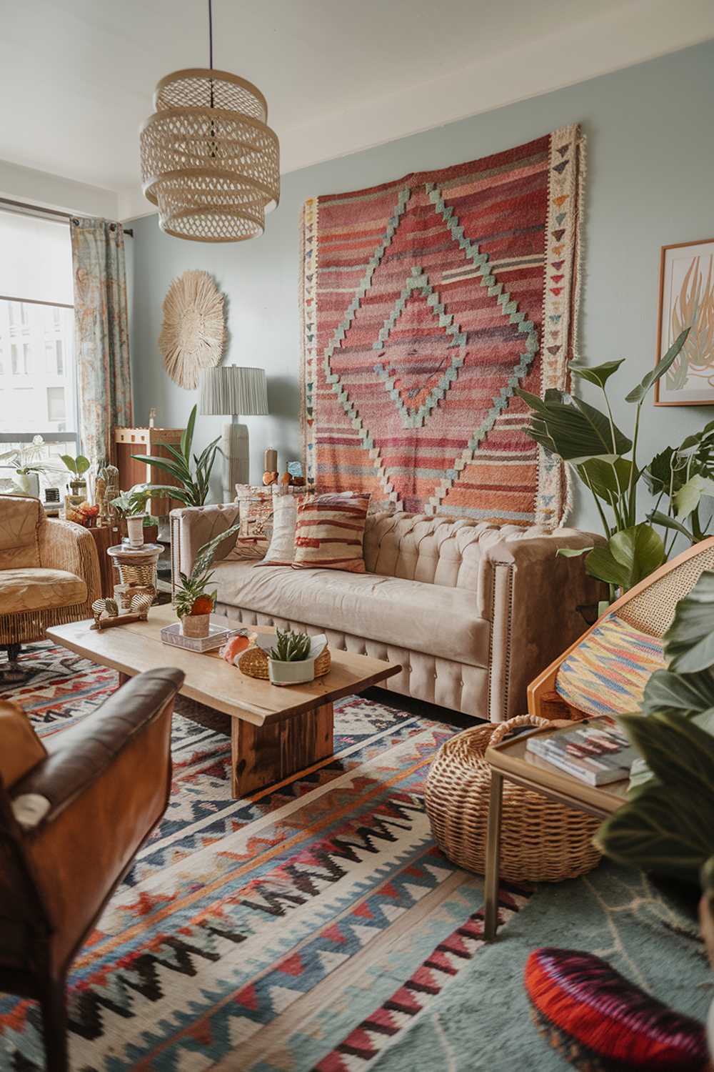 Boho living room with vintage leather chair and rattan basket, featuring light blue walls