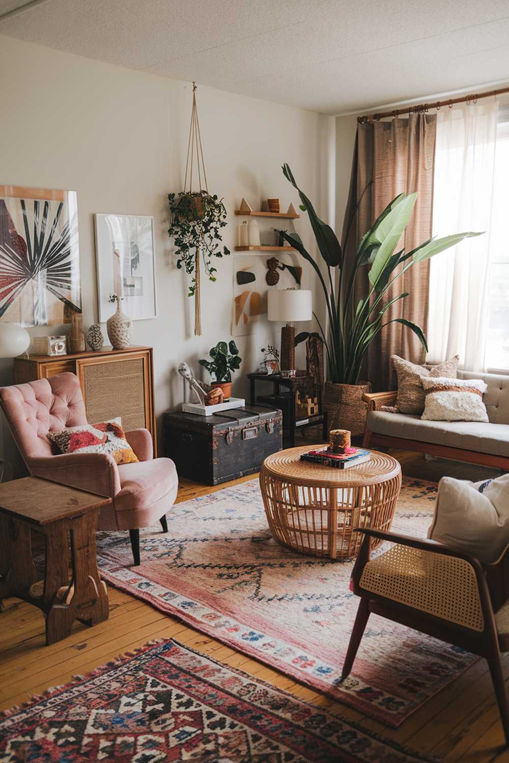 Boho living room with mid-century modern sofa and rattan coffee table, featuring hanging planter