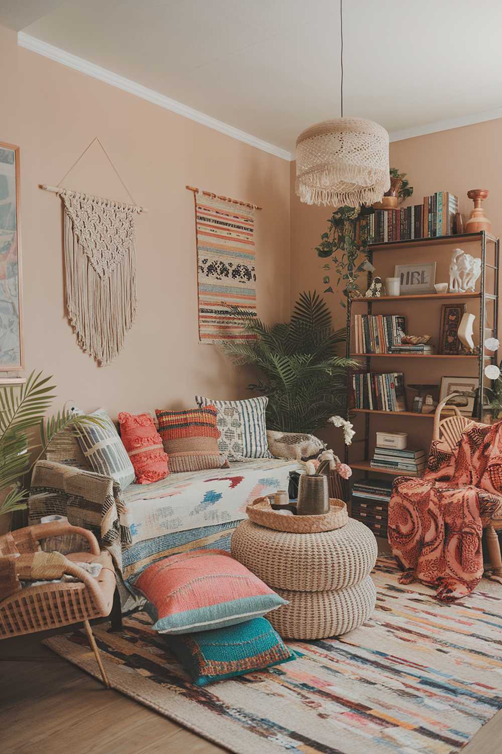 Colorful boho living room with macrame wall hanging and filled bookshelf featuring wooden floor