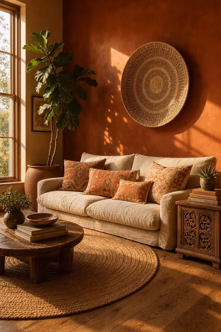 Terracotta accent wall behind a low linen sofa with kilim pillows in a boho living room bathed in warm afternoon light