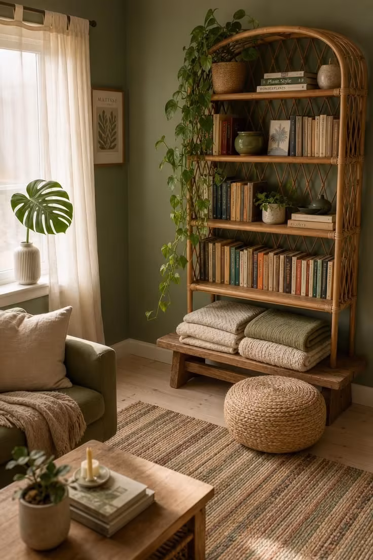Sage green walls framing a rattan bookshelf with trailing pothos and ceramic pots in a boho living room