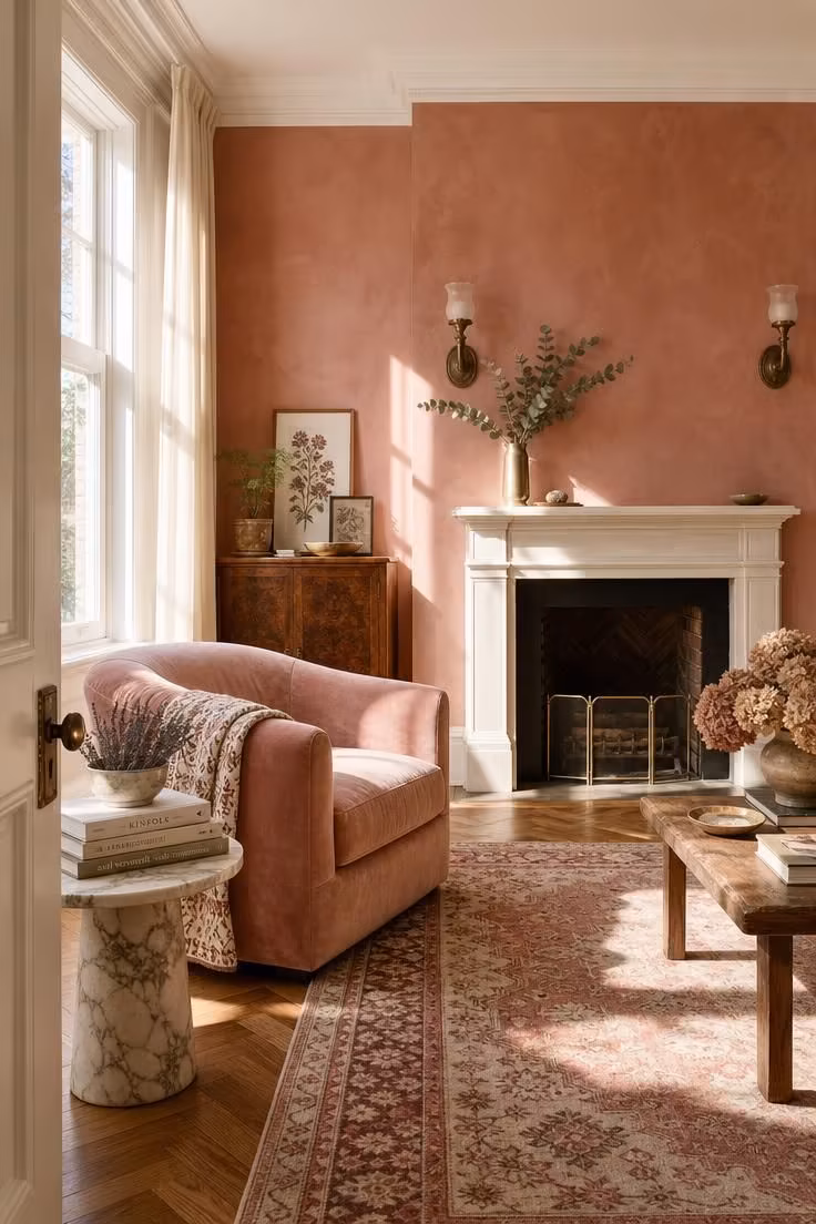 Dusty rose plaster wall behind a fireplace with brass sconces and a faded velvet armchair in a boho living room