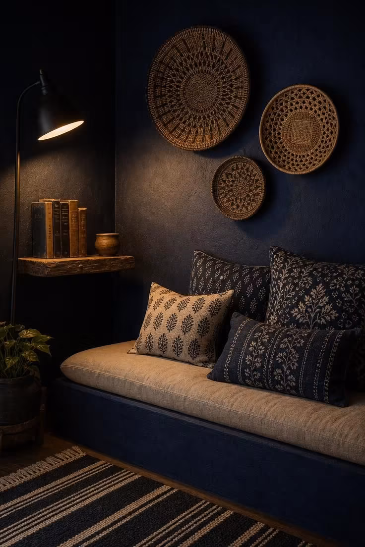 Deep indigo reading nook wall with woven basket art and a linen-cushioned bench in a boho living room