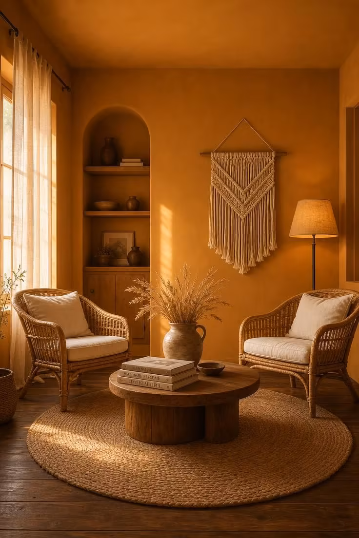 Warm ochre walls surrounding rattan chairs and a jute rug in a sun-drenched boho living room