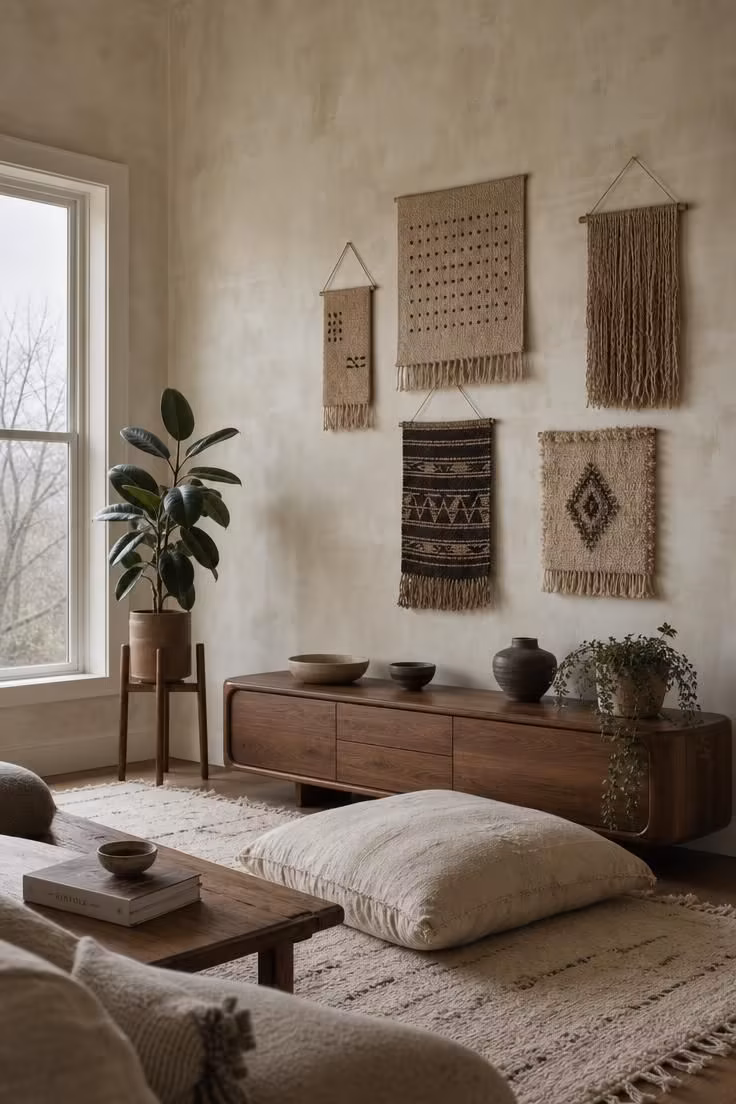 Lime wash cream walls with a gallery of woven art and a low walnut console in a boho living room