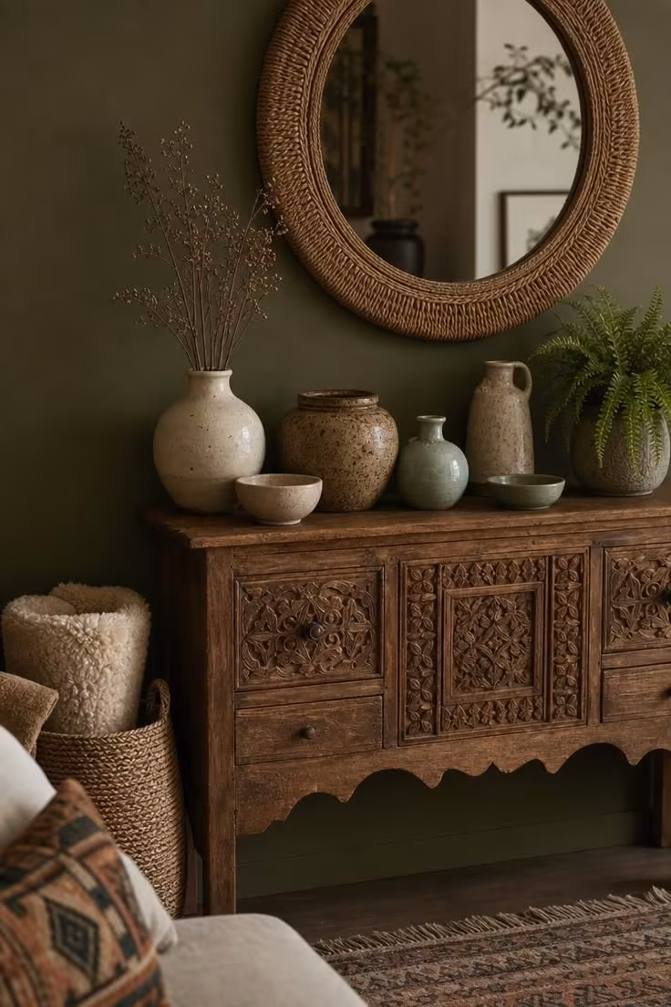 Olive green wall behind a carved wood console with a ceramic collection and woven mirror in a boho living room