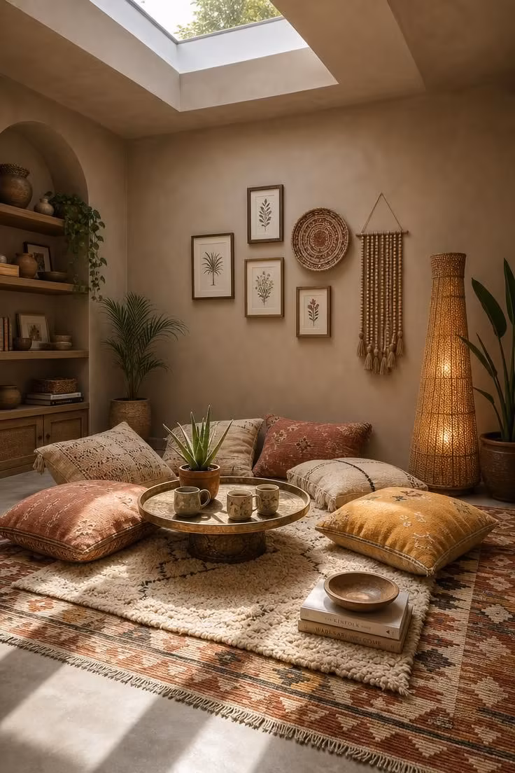 Warm taupe walls with floor cushion seating and layered rugs in a boho living room with eclectic wall decor