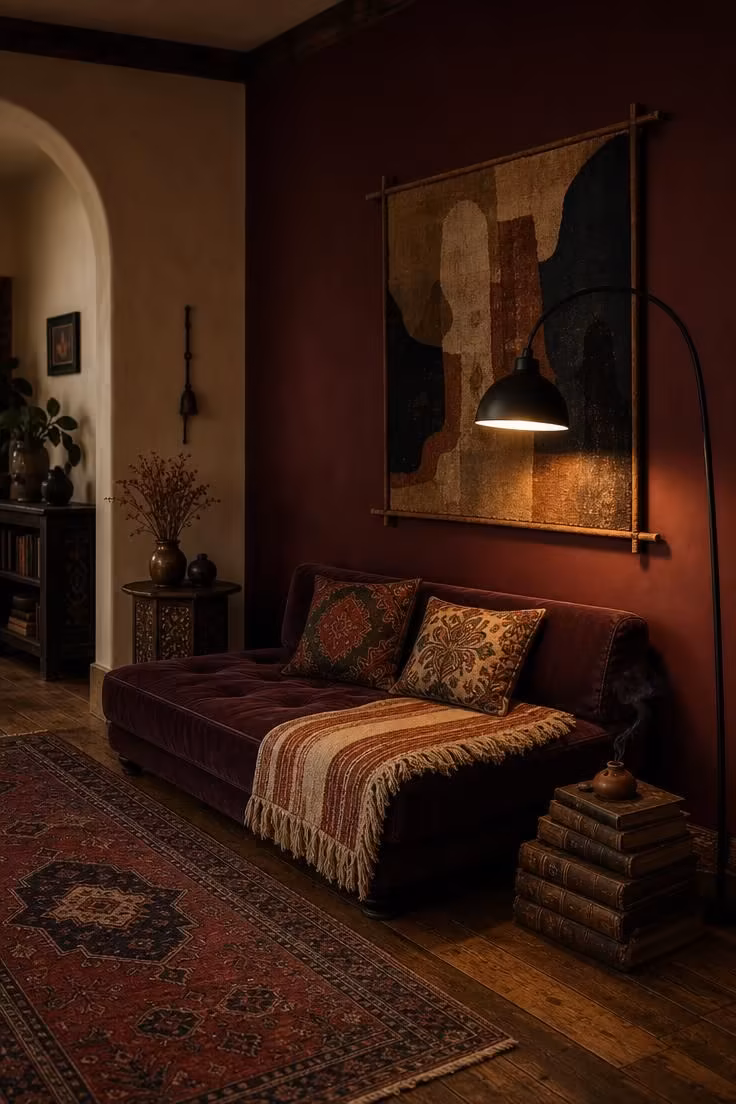 Matte burgundy accent wall behind a velvet daybed with a fringed throw in a moody boho living room