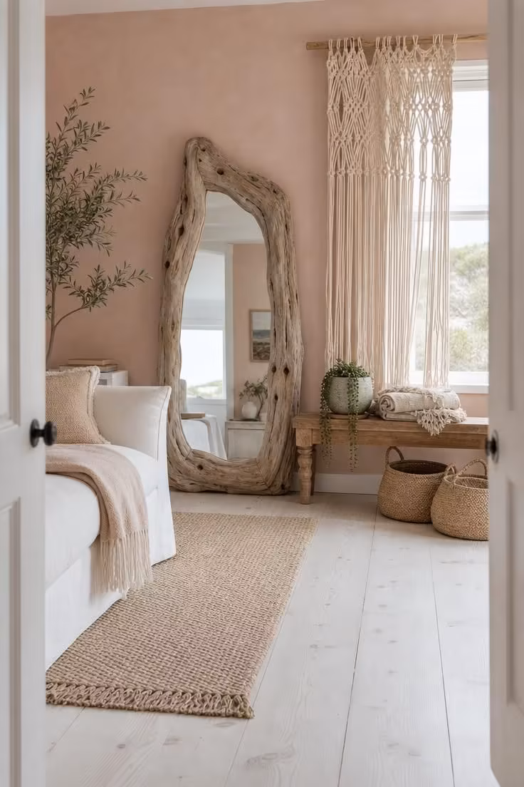 Sandy blush walls with a driftwood mirror and macrame curtain in a light and airy boho living room