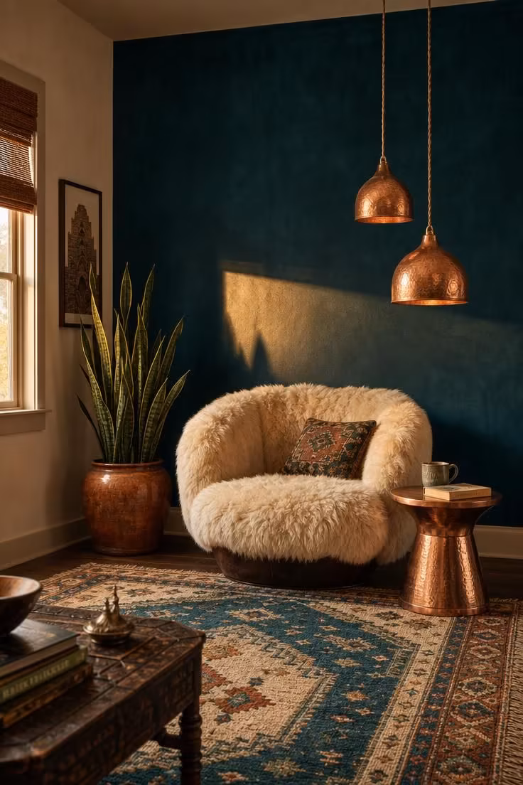 Deep teal focal wall with copper pendant lights and a sheepskin chair in a boho living room