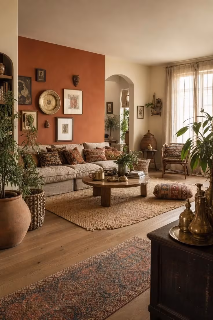 Simple Spaces 16 A warm boho living room with terracotta and cream walls, layered textiles, potted plants, and collected accessories in soft diffused light