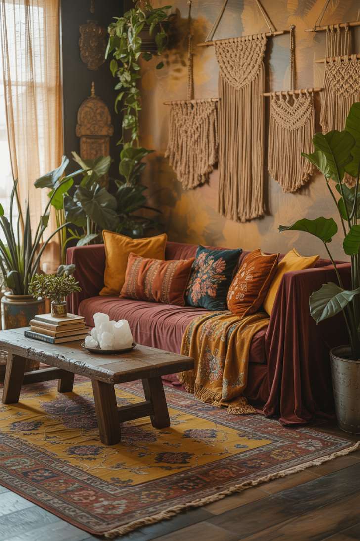 12 Beautiful Boho Maximalist Decor Ideas for a Cozy Retreat 1 Boho maximalist living room with velvet sofa, layered rugs, and macramé wall hangings