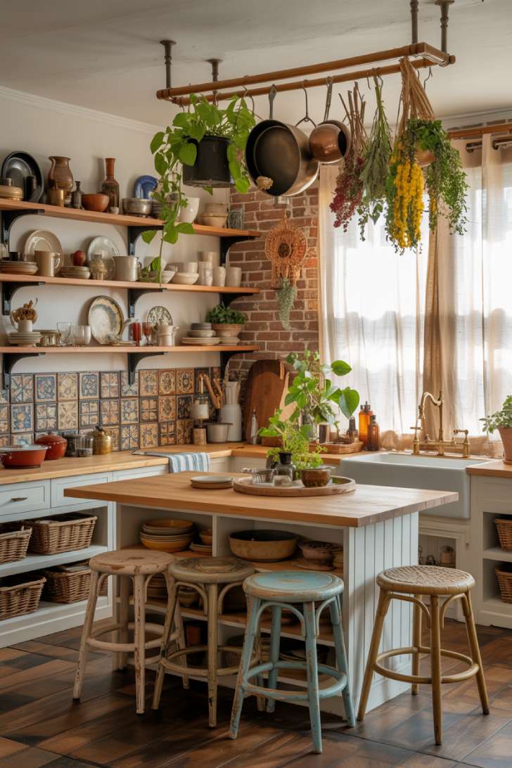 12 Beautiful Boho Maximalist Decor Ideas for a Cozy Retreat 10 Boho maximalist kitchen with open shelving, hand-painted tiles, and mismatched stools