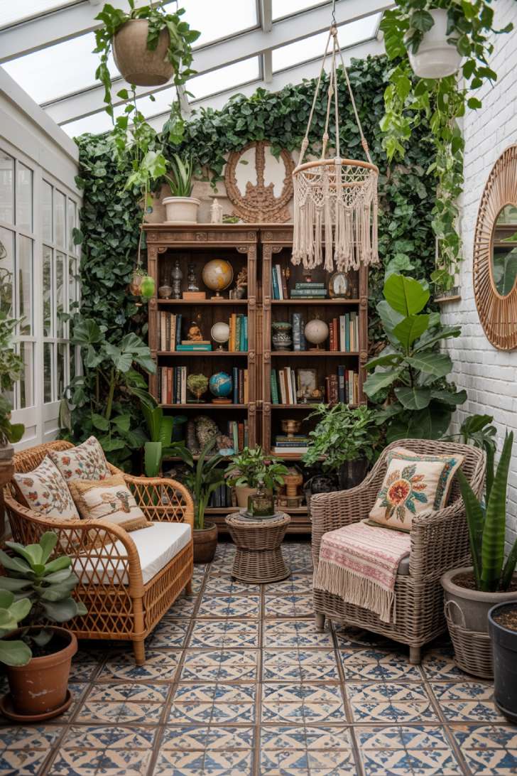 12 Beautiful Boho Maximalist Decor Ideas for a Cozy Retreat 11 Boho maximalist sunroom with rattan furniture, mosaic tile floor, and indoor jungle
