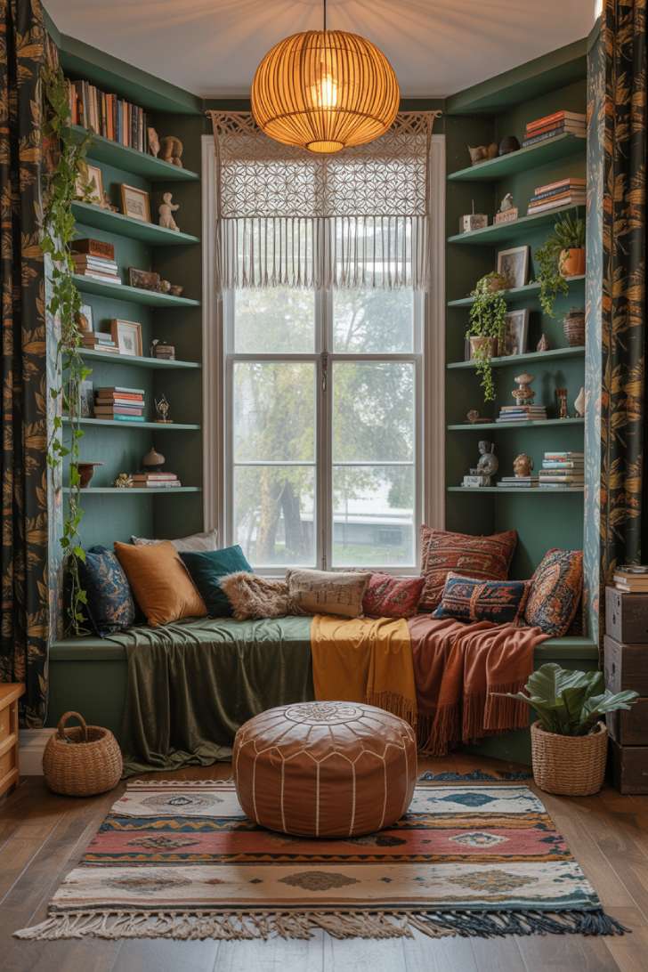 12 Beautiful Boho Maximalist Decor Ideas for a Cozy Retreat 3 Boho maximalist reading nook with window seat, floor-to-ceiling shelves, and botanical wallpaper