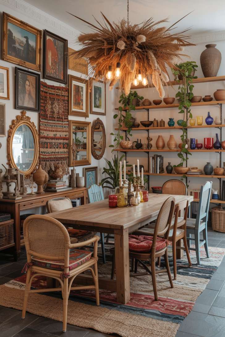 12 Beautiful Boho Maximalist Decor Ideas for a Cozy Retreat 4 Boho maximalist dining room with mismatched chairs, rattan chandelier, and gallery walls