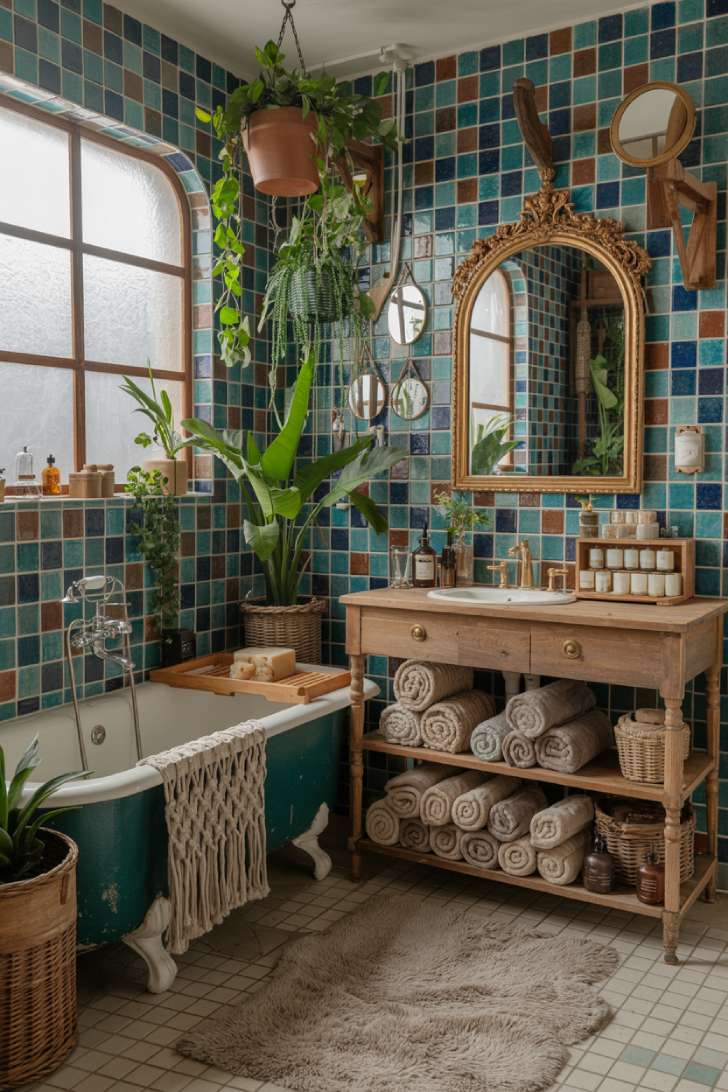 12 Beautiful Boho Maximalist Decor Ideas for a Cozy Retreat 5 Boho maximalist bathroom with zellige tiles, clawfoot tub, and tropical plants