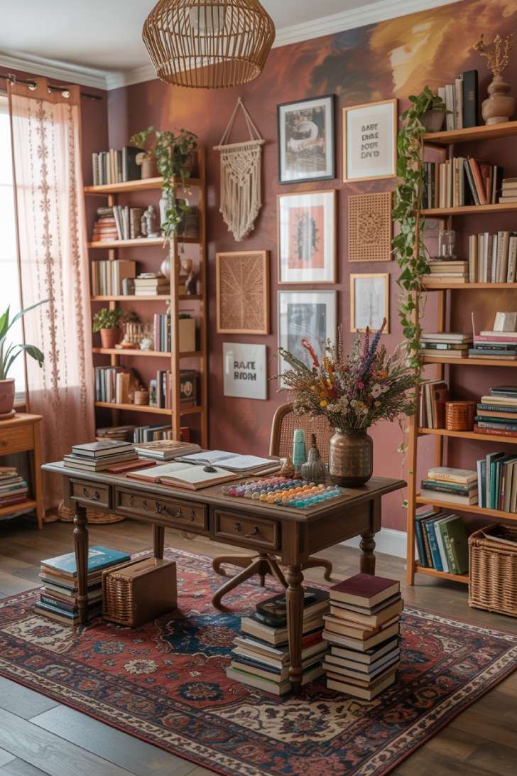 12 Beautiful Boho Maximalist Decor Ideas for a Cozy Retreat 6 Boho maximalist home office with vintage desk, gallery wall, and Persian rug